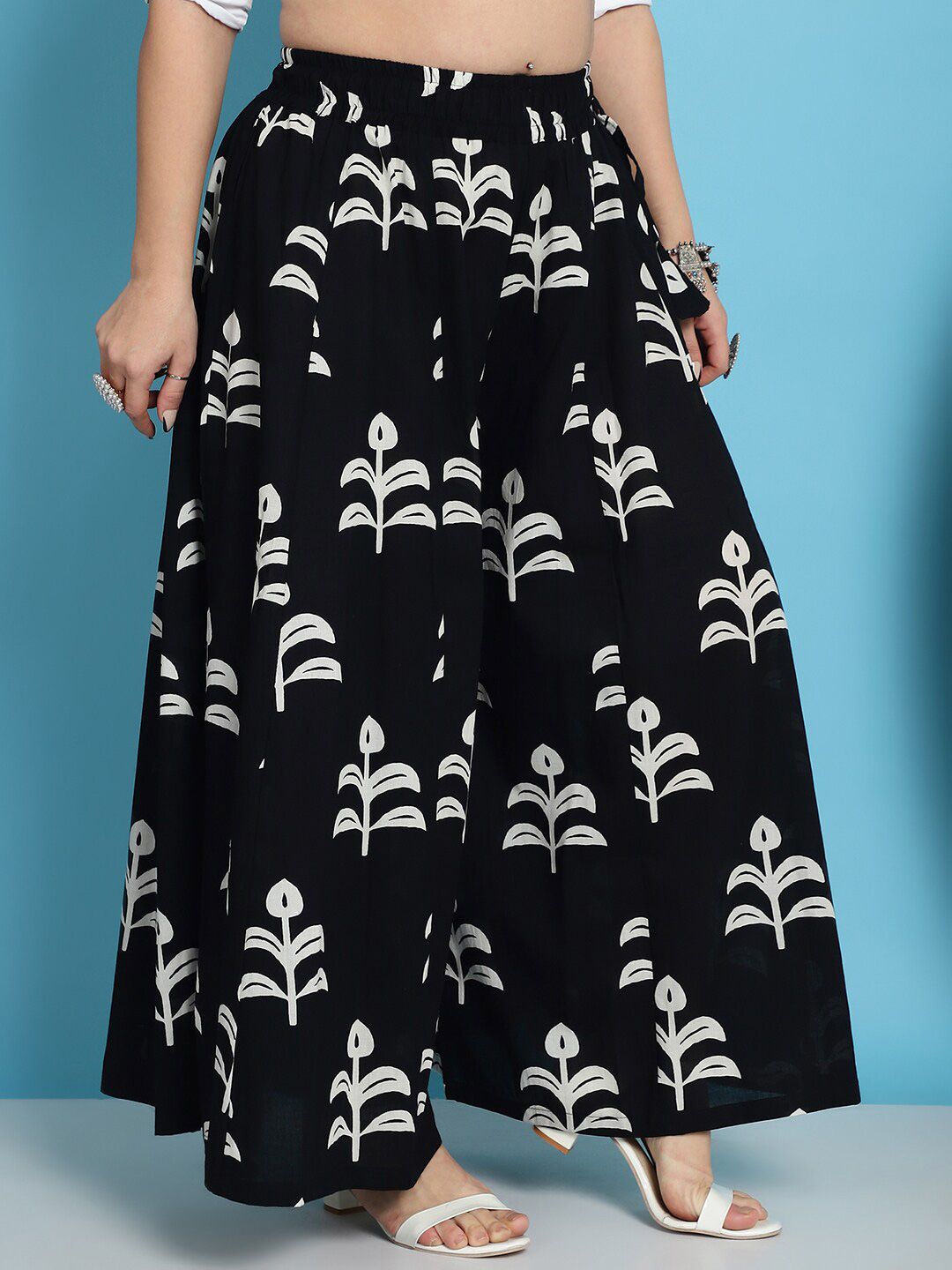 TAG 7 Floral Block Printed Flared Pure Cotton Ethnic Palazzos - Distacart