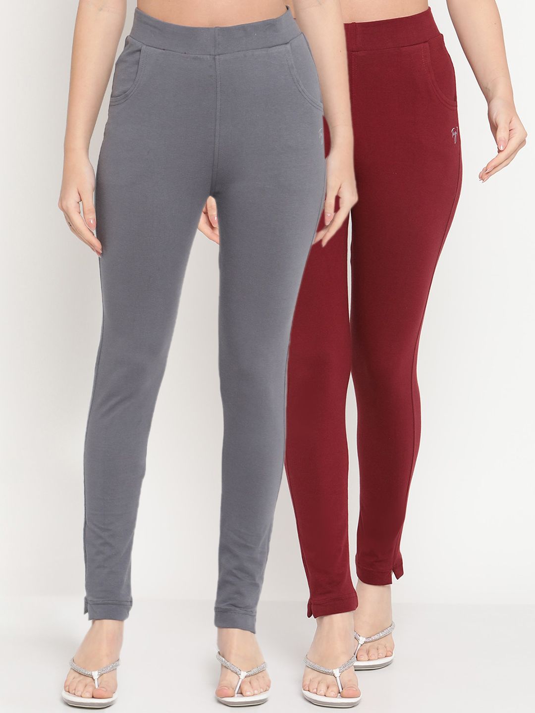 TAG 7 Women Set of 2 Maroon & Grey Ankle Length Leggings - Distacart