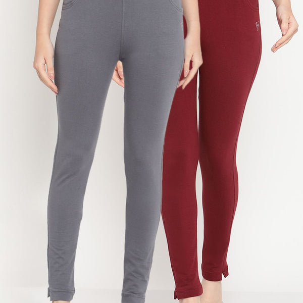 TAG 7 Women Set of 2 Maroon & Grey Ankle Length Leggings - Distacart