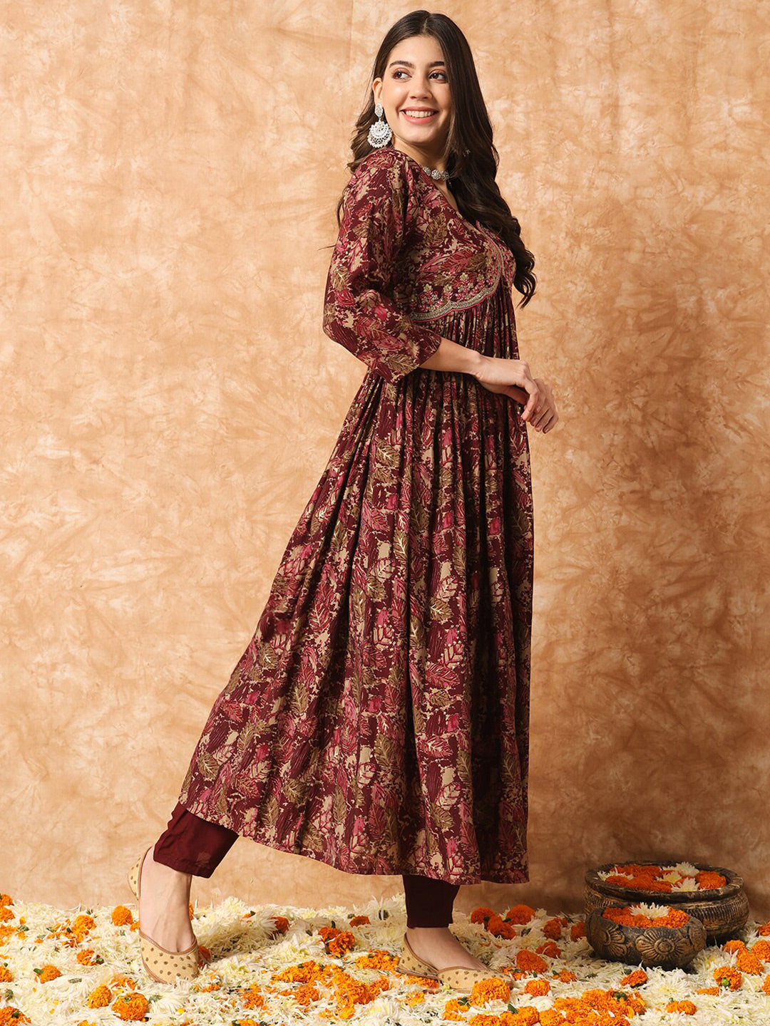 Kalini Floral Printed Empire Thread Work Anarkali Kurta & Trousers With Dupatta - Distacart