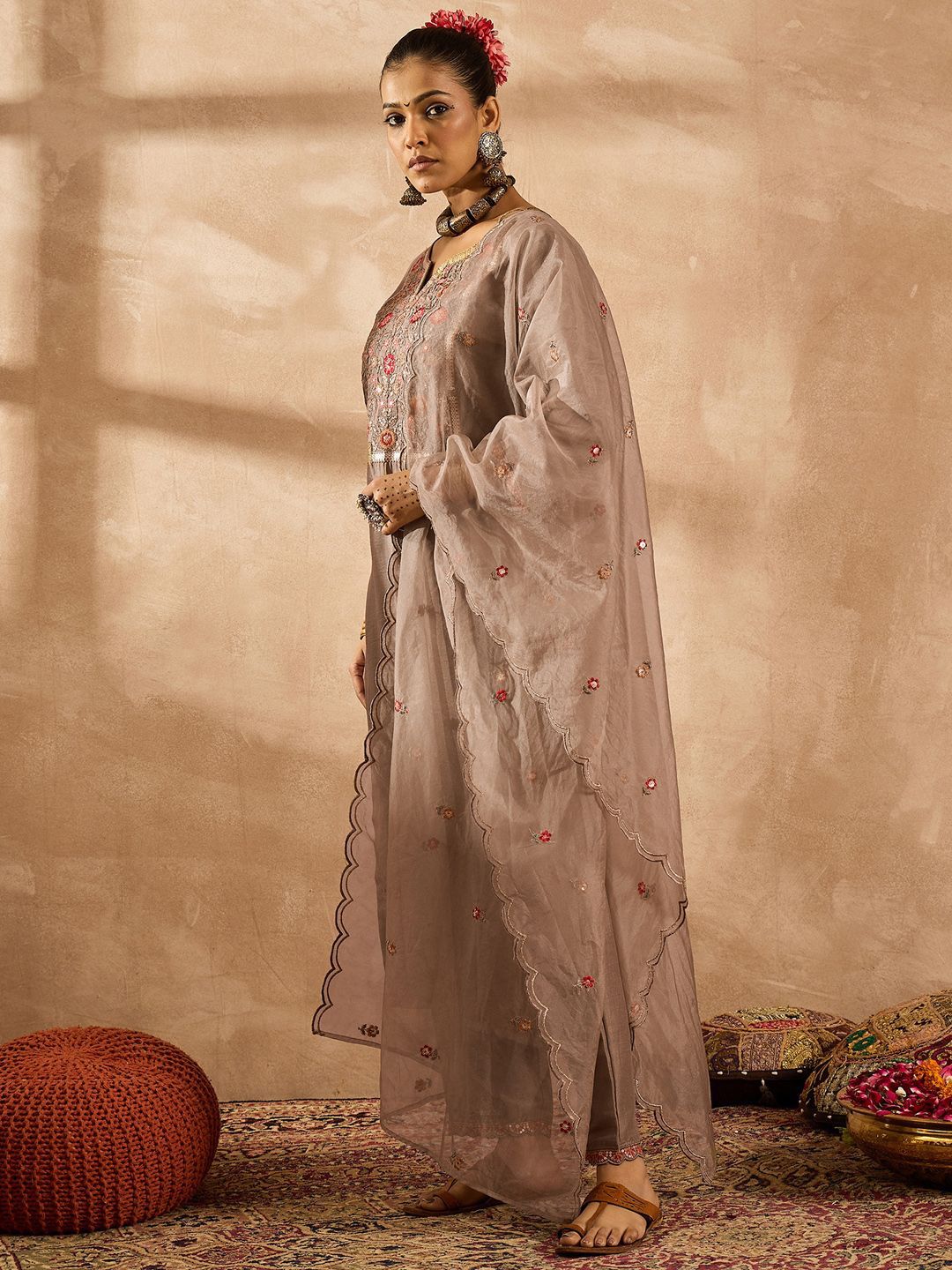 Indo Era Women Ethnic Motifs Embroidered Regular Thread Work Kurta with Trousers & With Dupatta