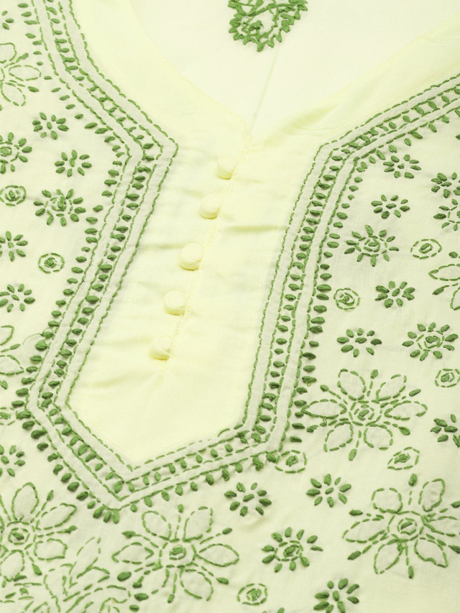 ADA Women Yellow & Green Embroidered Chikankari Handloom Kurta Handloom Kurta with Trousers - Distacart