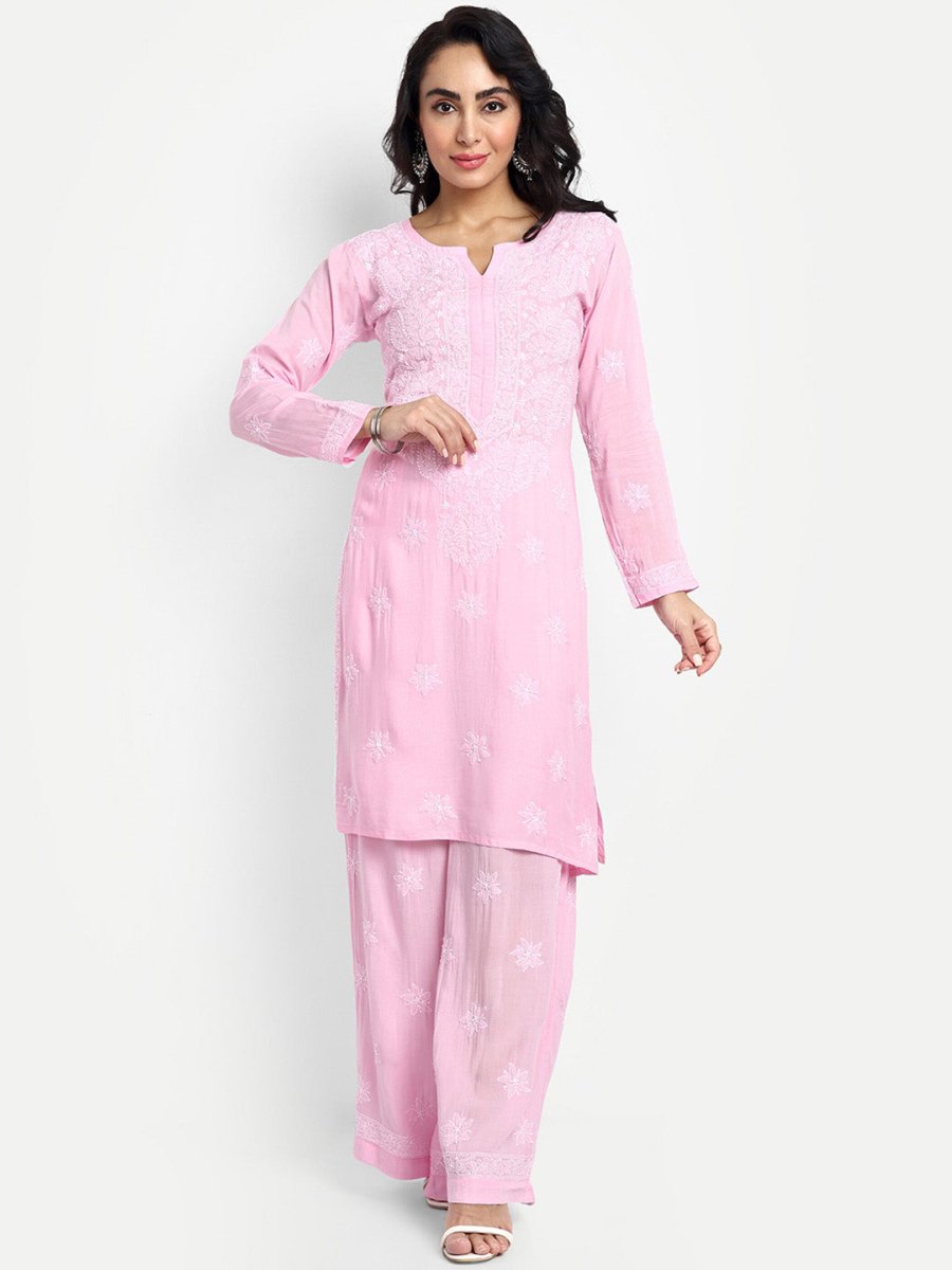 ADA Floral Embroidered Round Neck Long Sleeve Regular Chikankari Kurta With Palazzos - Distacart