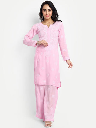 ADA Floral Embroidered Round Neck Long Sleeve Regular Chikankari Kurta With Palazzos - Distacart