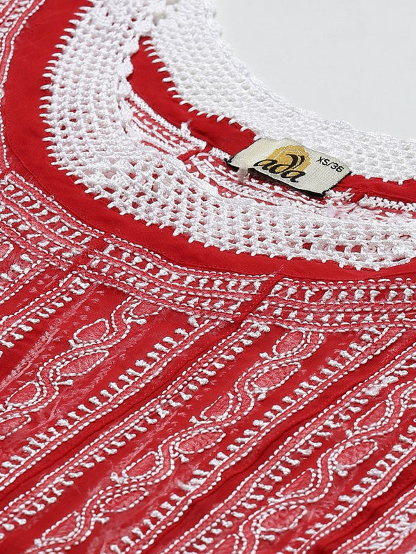 ADA Women Red & White Ethnic Motifs Embroidered Chikankari Georgette Kurta - Distacart
