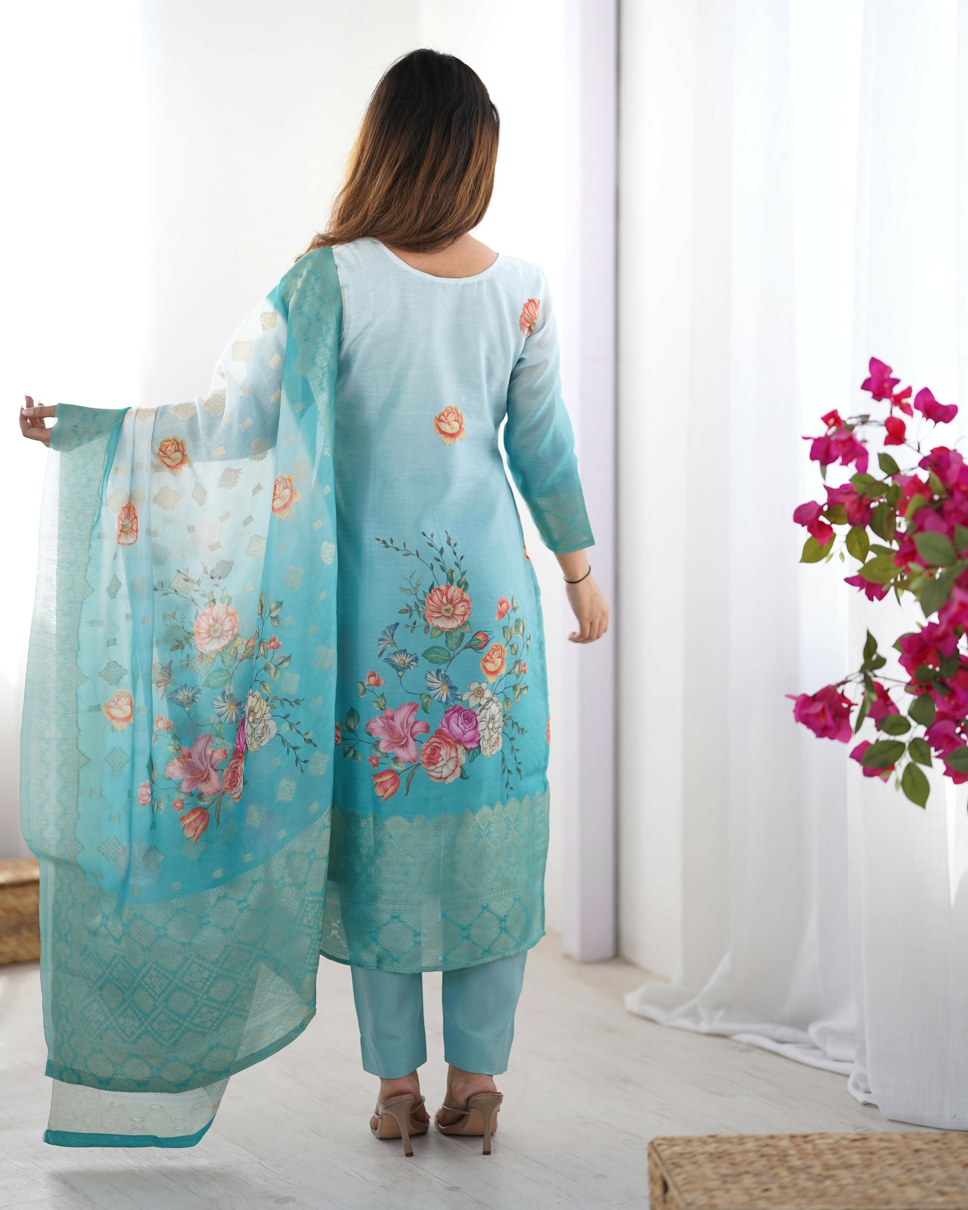 Joban Fashion Sky Blue Kurta set with Pant Chanderi Thread with Sequins work