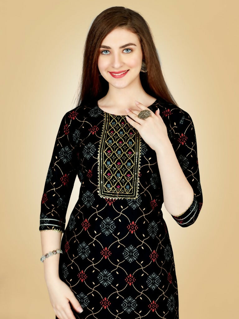Jyoti Fashion Women's Black Viscose Rayon Embroidered Kurta Pant Set - Distacart