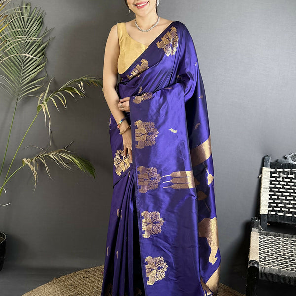 Joban Fashion Violet Motifs Zari Weaving Soft Silk Banarasi Saree - Dista