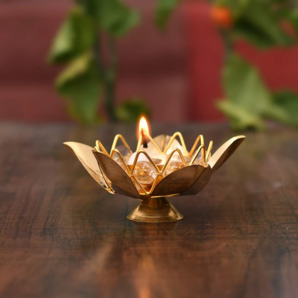 CraftVatika Brass Crystal Lotus Shape Diya Deepak With Gift Box - Dista