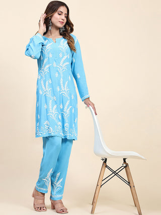 HOUSE OF KARI Floral Embroidered Chikankari Pure Cotton Straight Kurta With Trousers - Distacart