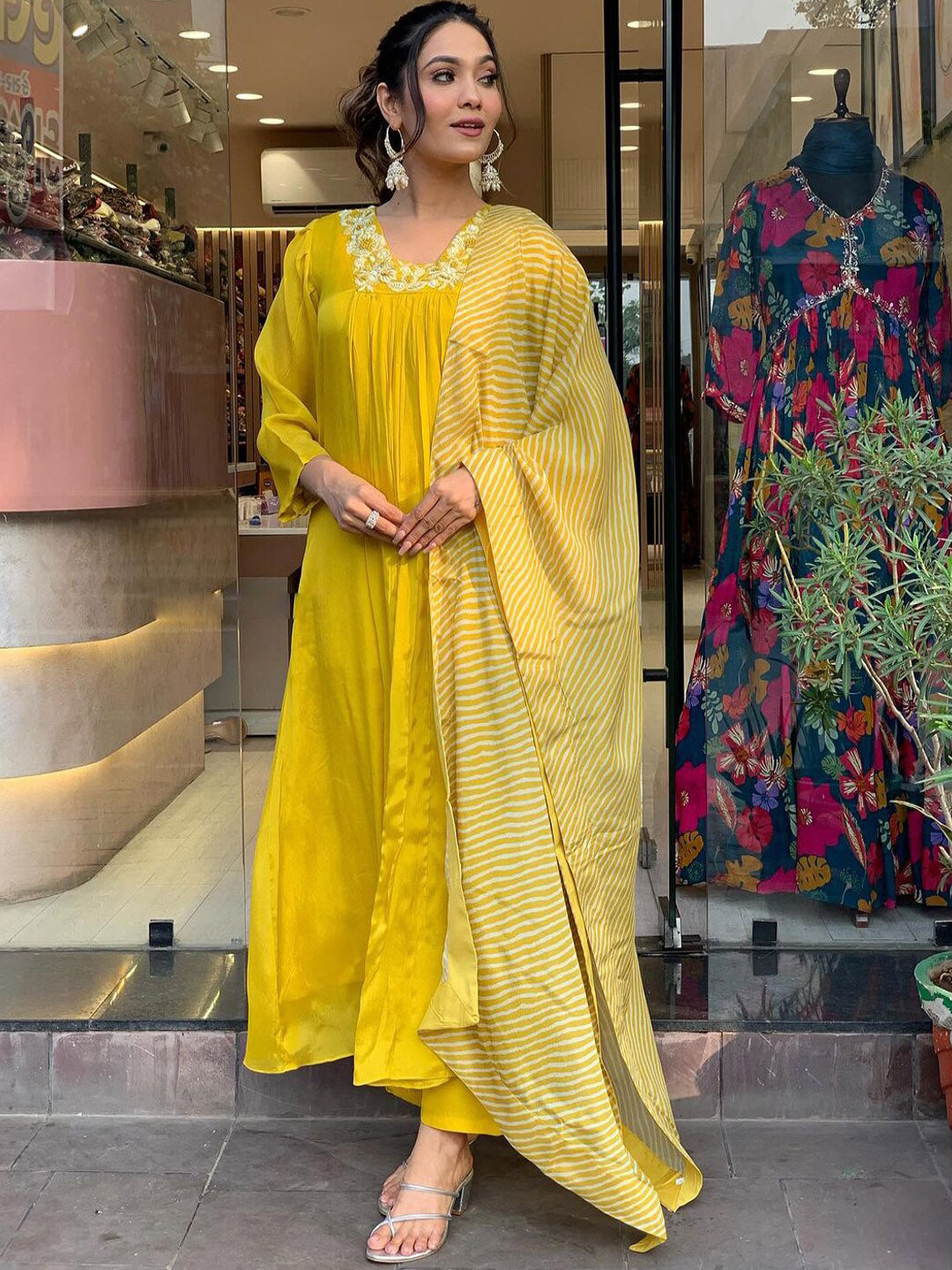 Kalini Embroidered Silk Chiffon Kurta With Trousers & Dupatta - Distacart