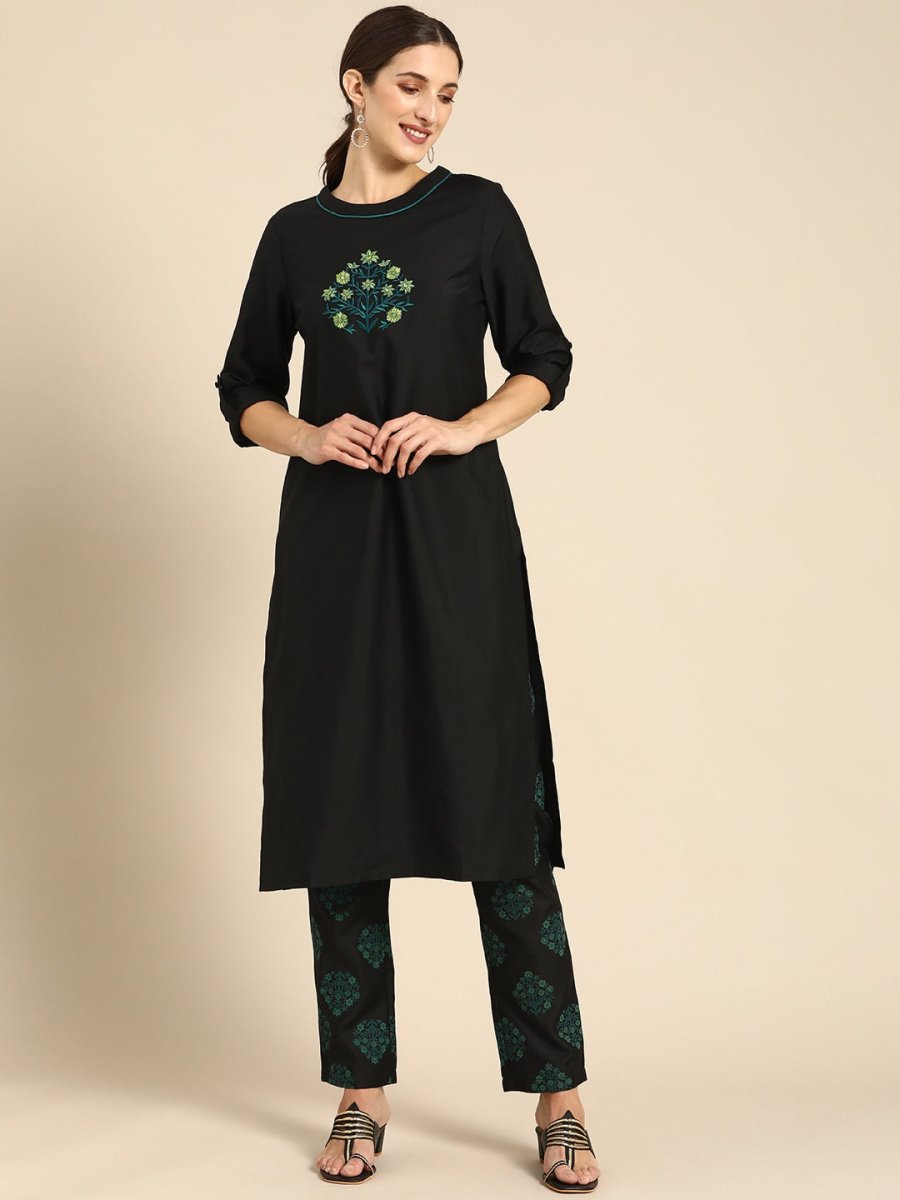 All About You Women Black Floral Yoke Design Regular Thread Work Kurta with Trousers - Distacart
