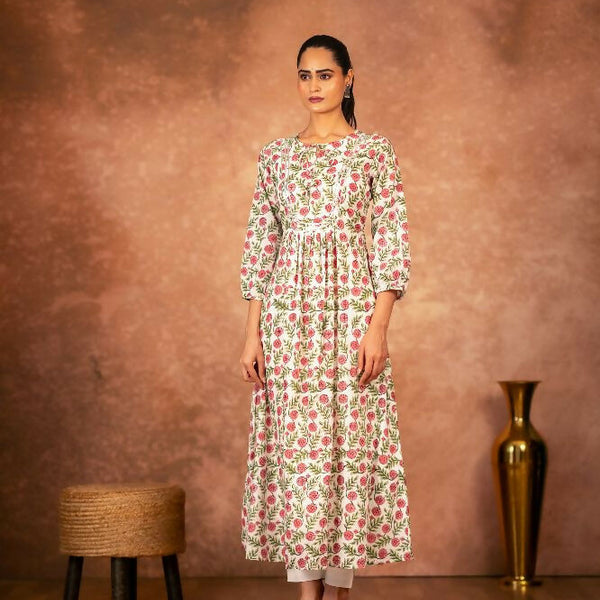 Joban Fashion Red Floral Hand Block Printed Cotton Kurta Pant Set - Distacart