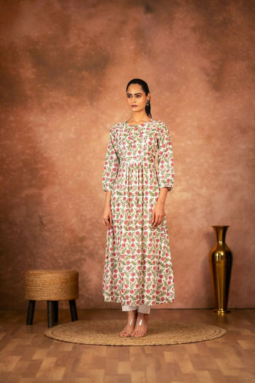 Joban Fashion Red Floral Hand Block Printed Cotton Kurta Pant Set - Distacart