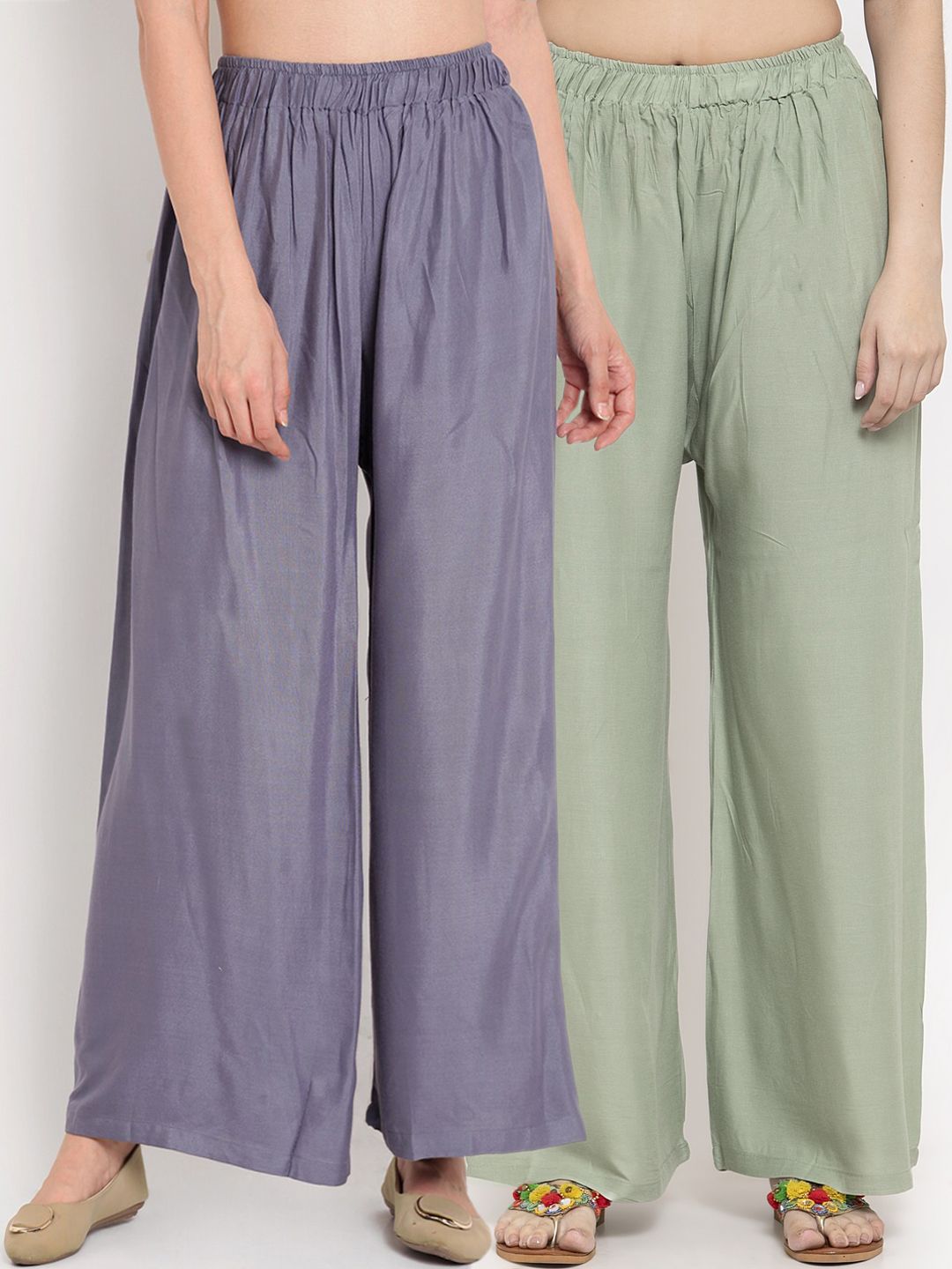TAG 7 Women Sage Green & Steel Grey Pack of 2 Solid Flared Palazzos - Distacart