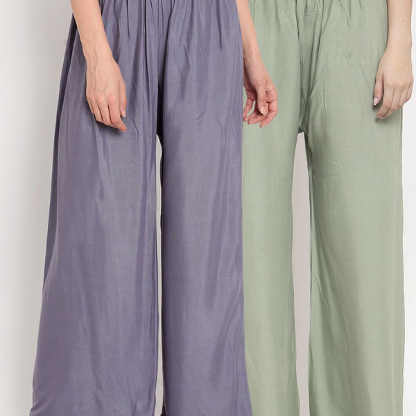 TAG 7 Women Sage Green & Steel Grey Pack of 2 Solid Flared Palazzos - Distacart