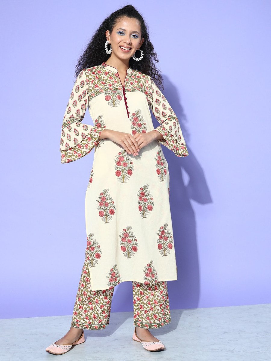 All About You Cream-Coloured Floral Printed Pure Cotton Kurta With Trousers - Distacart