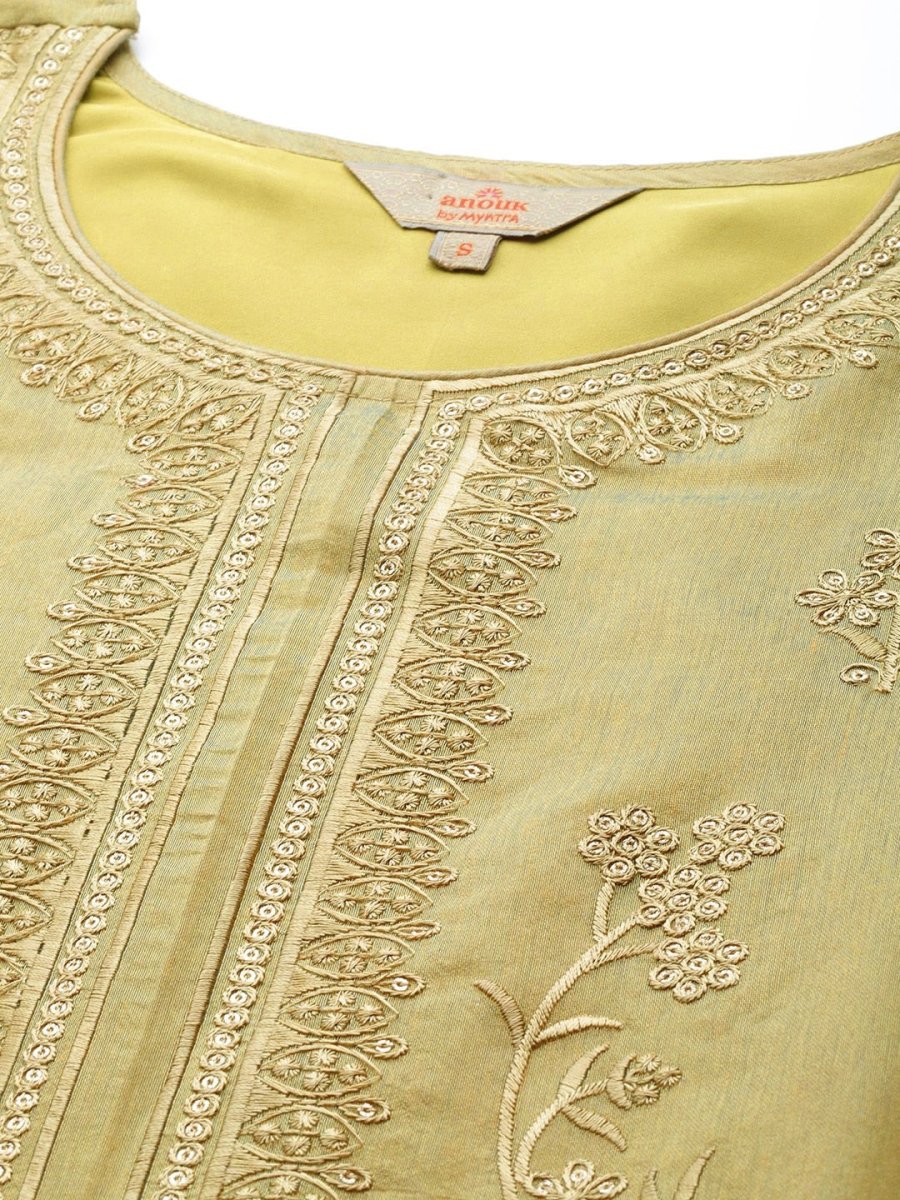 Anouk Women Green Embroidered Regular Sequinned Chanderi Silk Kurta with Palazzos & With Dupatta - Distacart