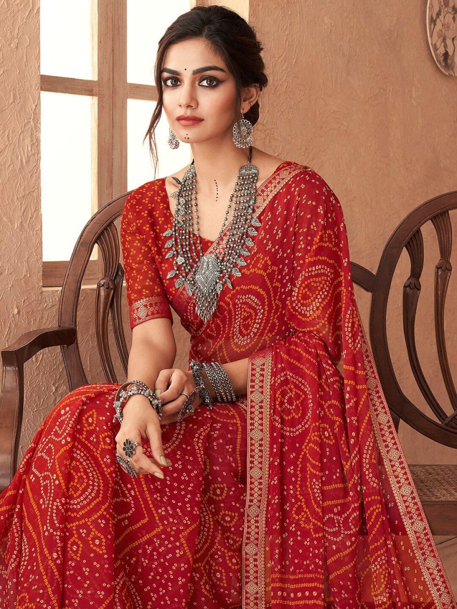 Anouk Red Bandhani Zari Pure Chiffon Bandhani Saree - Distacart