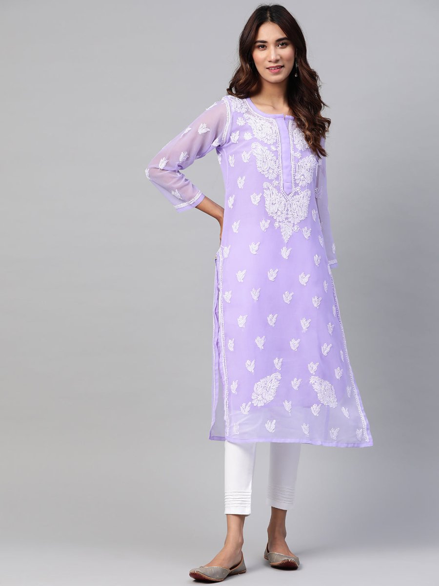 ADA Women Lavender & White Chikankari Embroidered Kurta with Trousers & Inner - Distacart