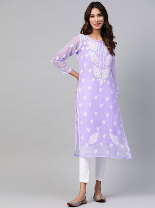 ADA Women Lavender & White Chikankari Embroidered Kurta with Trousers & Inner - Distacart