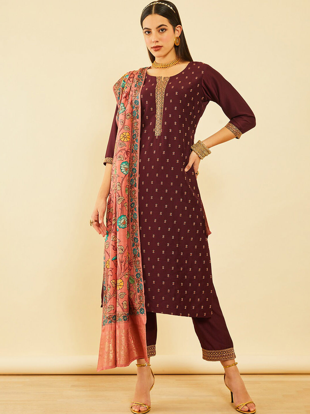 Soch Women Maroon Ethnic Motifs Printed Straight Kurta With Trousers & Dupatta - Distacart