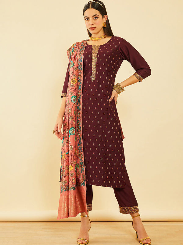 Soch Women Maroon Ethnic Motifs Printed Straight Kurta With Trousers & Dupatta - Distacart