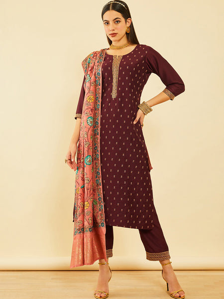 Soch Women Maroon Ethnic Motifs Printed Straight Kurta With Trousers & Dupatta - Distacart