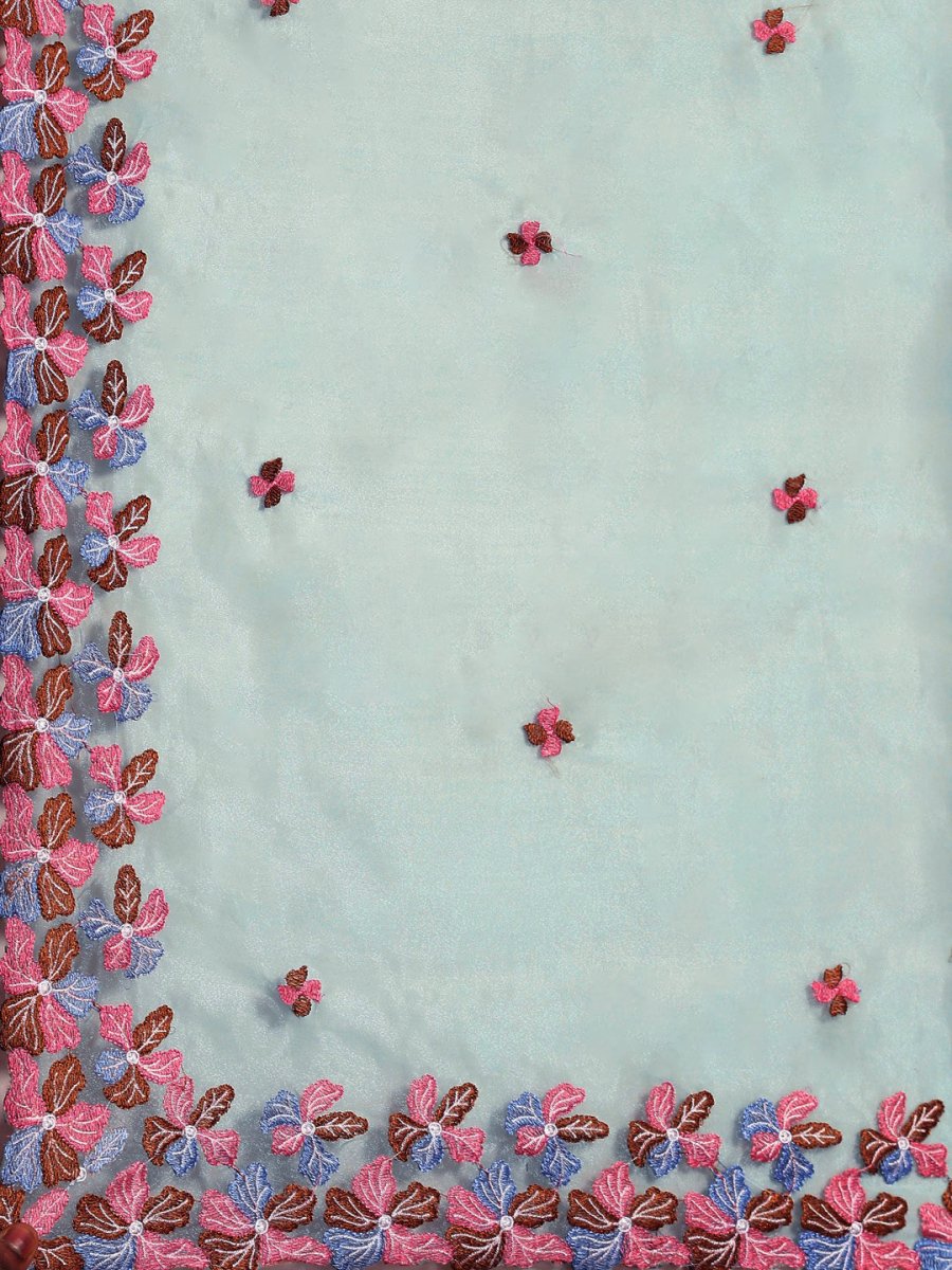 Anouk Blue & Pink Floral Organza Saree - Distacart