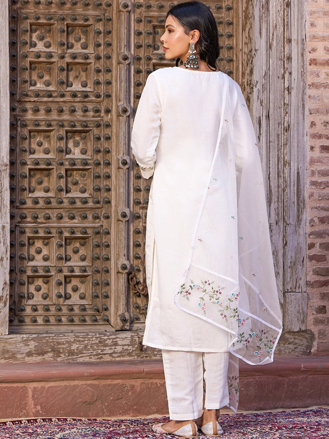 Kalini Floral Yoke Design Thread Work Chanderi Cotton Kurta With Trouser & Dupatta - Distacart