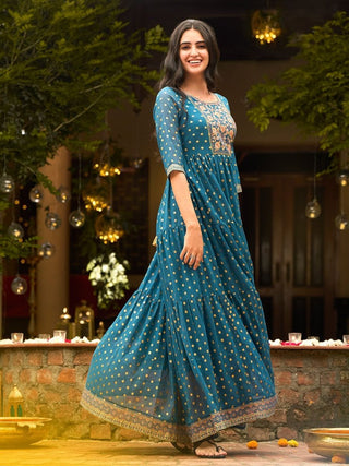AURELIA Blue Ethnic Motifs Maxi Dress - Distacart