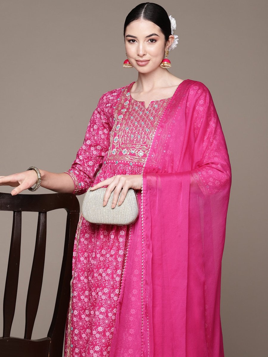 Anubhutee Floral Embroidered High Slit Mirror Work Kurta With Trousers & Dupatta - Distacart