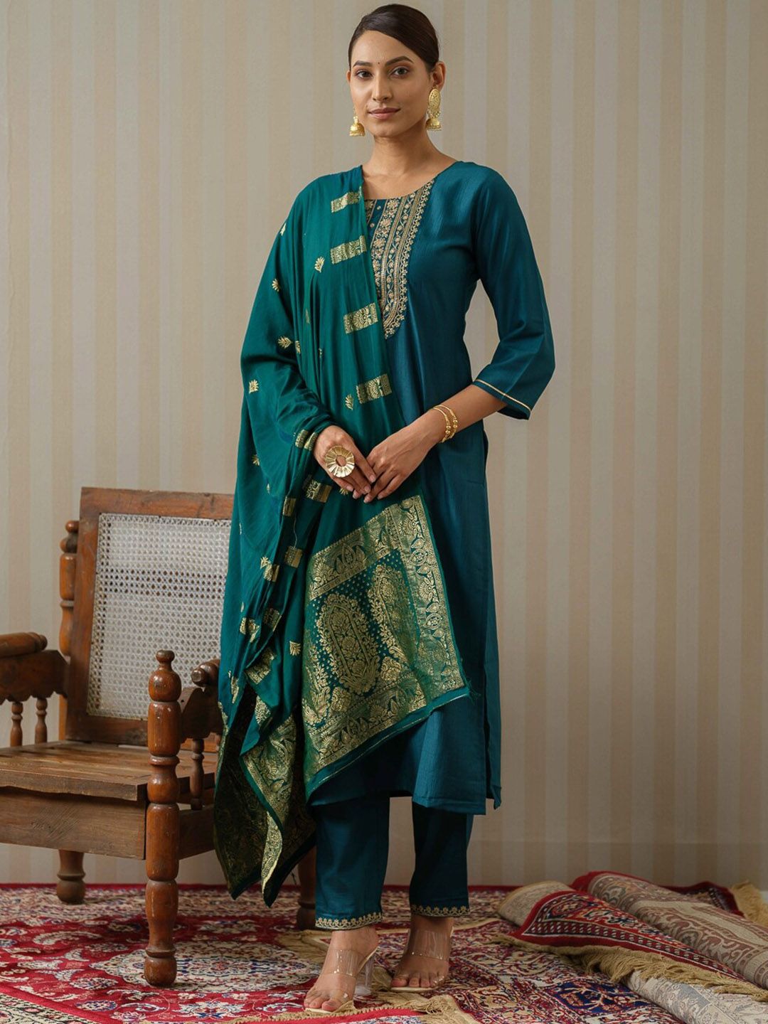 Ode by House of Pataudi Blue Ethnic Motifs Straight Kurta & Trousers With Dupatta - Distacart
