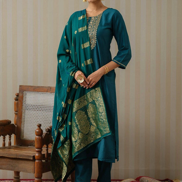 Ode by House of Pataudi Blue Ethnic Motifs Straight Kurta & Trousers With Dupatta - Distacart