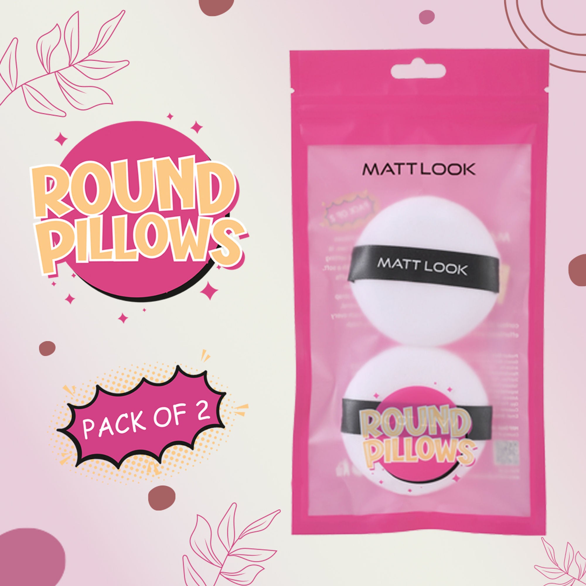 Matt Look Round Pillows Powder White Puff - Pack Of 2