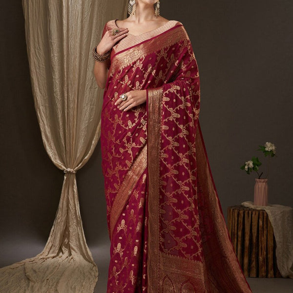 Anouk Burgundy & Gold-Toned Woven Design Zari Pure Georgette Kanjeevaram Saree - Distacart