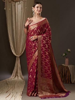 Anouk Burgundy & Gold-Toned Woven Design Zari Pure Georgette Kanjeevaram Saree - Distacart