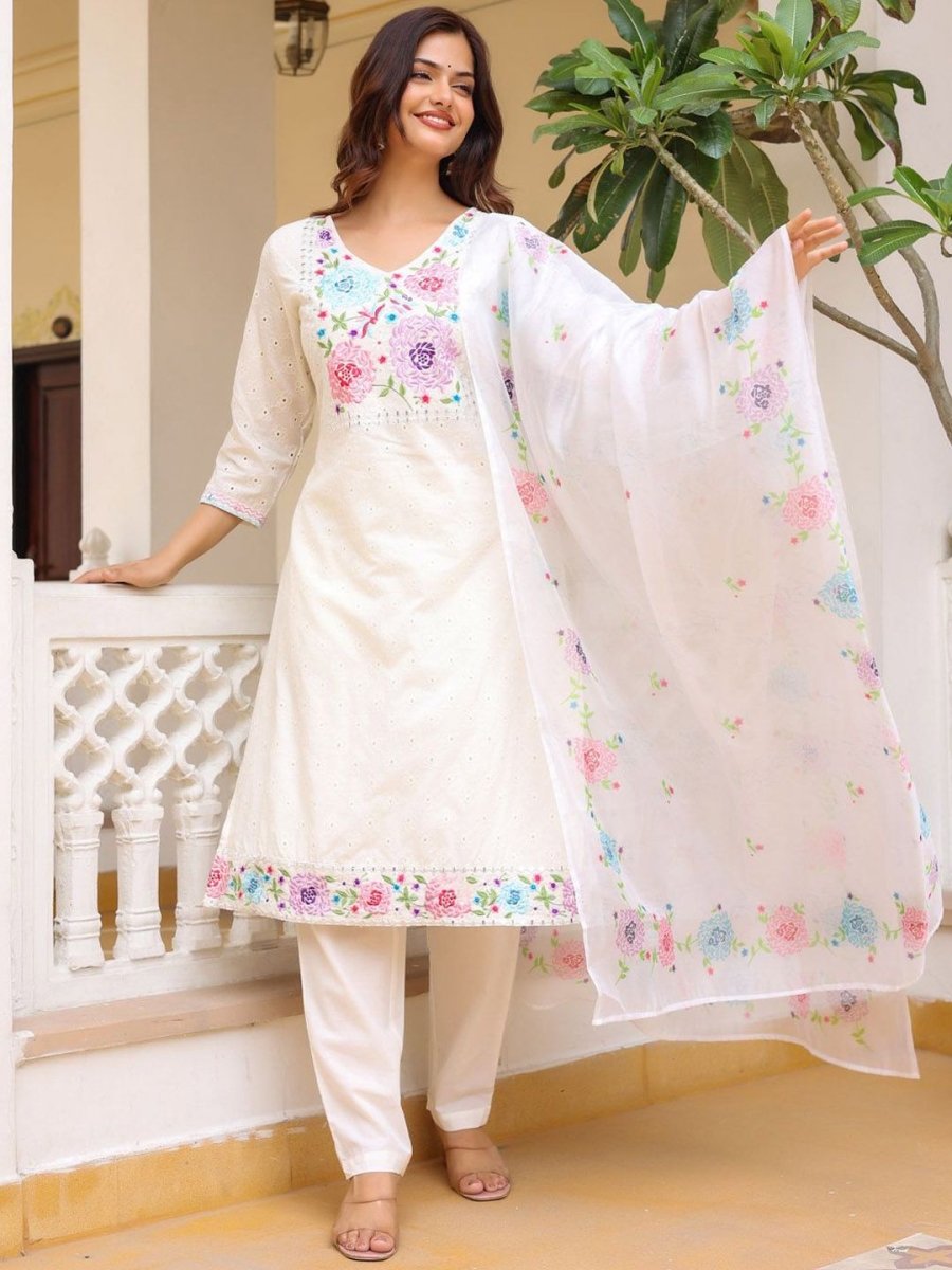 Anouk Floral Yoke Design Thread Work Pure Cotton Kurta with Trousers & Dupatta - Distacart