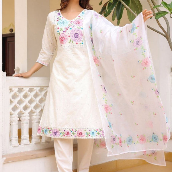 Anouk Floral Yoke Design Thread Work Pure Cotton Kurta with Trousers & Dupatta - Distacart