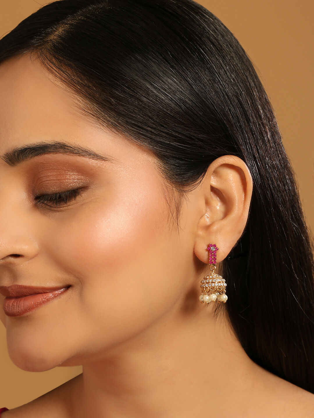 Nuyug 22K Gold Plated Pearl 7 Colored Stone Studded Contemporary Shaped Pink Mini Jhumkas