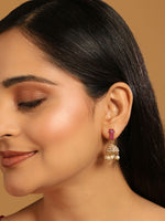 Thumbnail for Nuyug 22K Gold Plated Pearl 7 Colored Stone Studded Contemporary Shaped Pink Mini Jhumkas