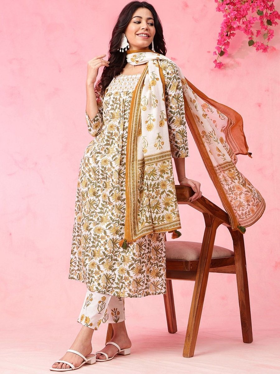 Anouk Women Ethnic Motifs Embroidered Empire Pure Cotton Kurta with Trousers & With Dupatta - Distacart