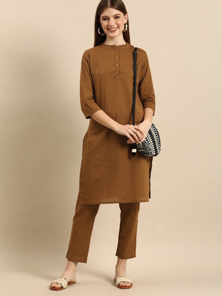 Anouk Women Brown Solid Regular Pure Cotton Kurta with Trousers - Distacart