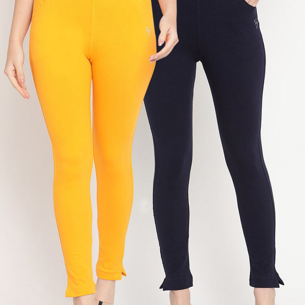 TAG 7 Set Of 2 Yellow & Navy Blue Solid Leggings - Distacart