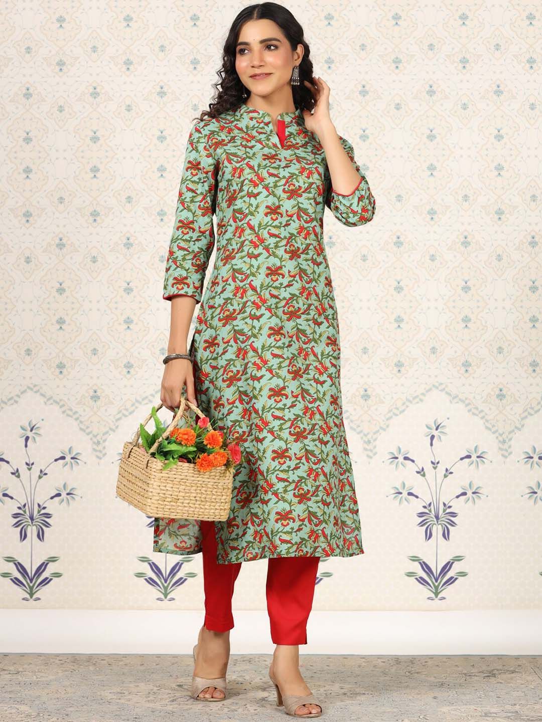 Ode by House of Pataudi Green Floral Printed Straight Kurta - Distacart