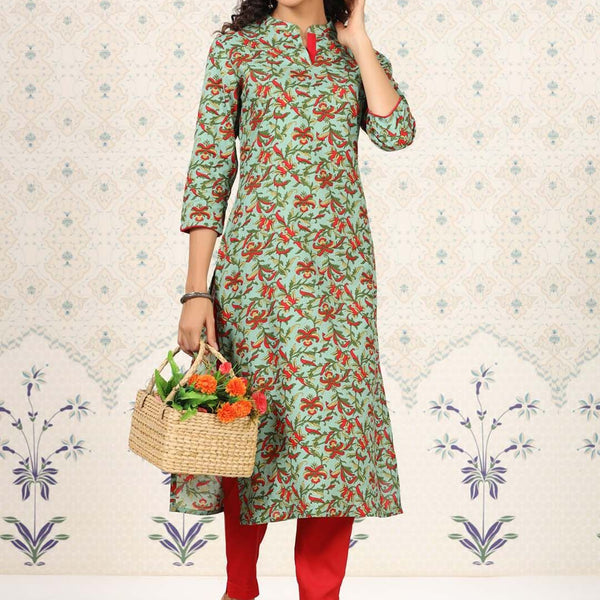 Ode by House of Pataudi Green Floral Printed Straight Kurta - Distacart