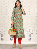 Thumbnail for Ode by House of Pataudi Green Floral Printed Straight Kurta - Distacart