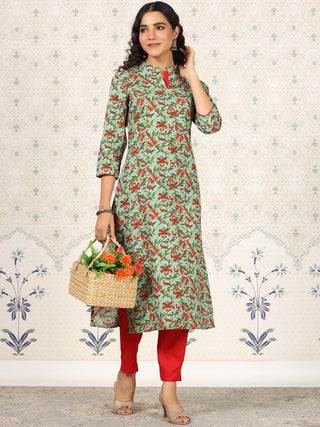 Ode by House of Pataudi Green Floral Printed Straight Kurta - Distacart