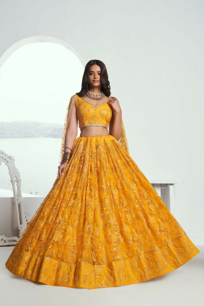 Aastha Fashion Yellow Butterfly Net Tone To Tone Cotton Thread Work And Sequence Work Embroidery Wedding Wear Lehenga Choli - Distacart