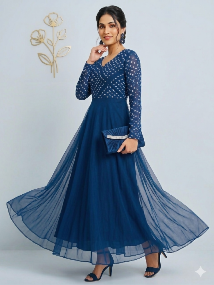 Teeya Creation Women's Teal Bandhani Print Anarkali Gown - Dista